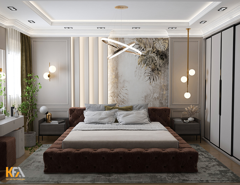 Mẫu 09: Thiết kế phòng ngủ 20m2 cho vợ chồng với kết hợp đèn treo và họa tiết trang trí nghệ thuật thu hút