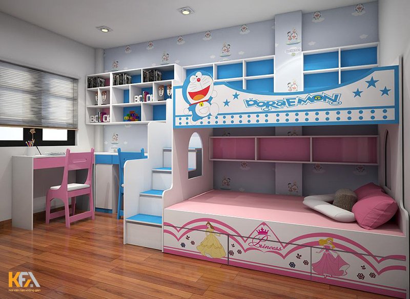 Mẫu thiết kế phòng ngủ chung cho bé trai và bé gái tone màu xanh-hồng đẹp