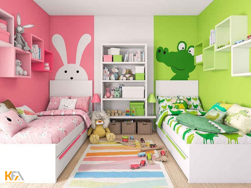 Mẫu thiết kế phòng ngủ chung cho bé trai và bé gái trang trí nhân vật hoạt hình cute