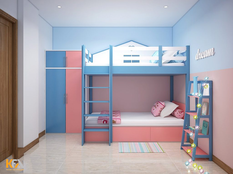 Mẫu thiết kế phòng ngủ đơn giản dành cho 2 bé cùng sinh hoạt