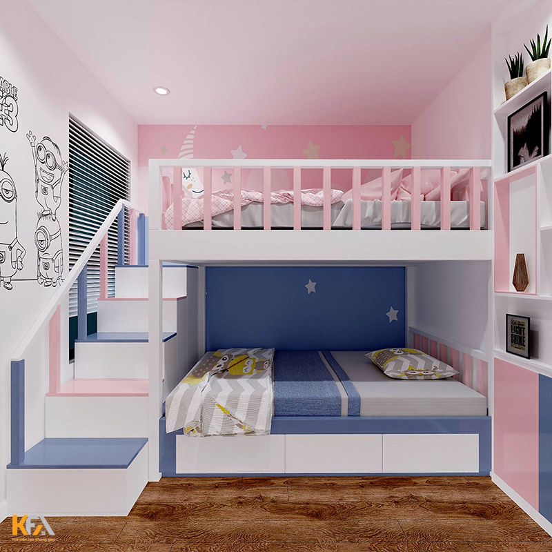 Mẫu thiết kế phòng ngủ chung cho bé trai và bé gái với sự kết hợp màu sắc hài hòa