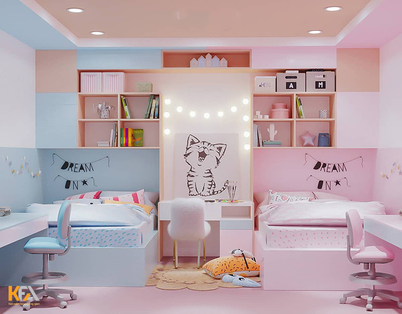 Phòng ngủ với 2 gam màu khách biệt theo tính cách của 2 bé