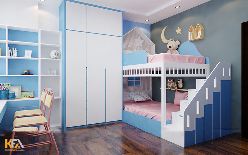 Mẫu thiết kế phòng ngủ chung cho bé trai và bé gái với sự kết hợp hài hòa của 3 màu: xanh da trời, hồng và trắng
