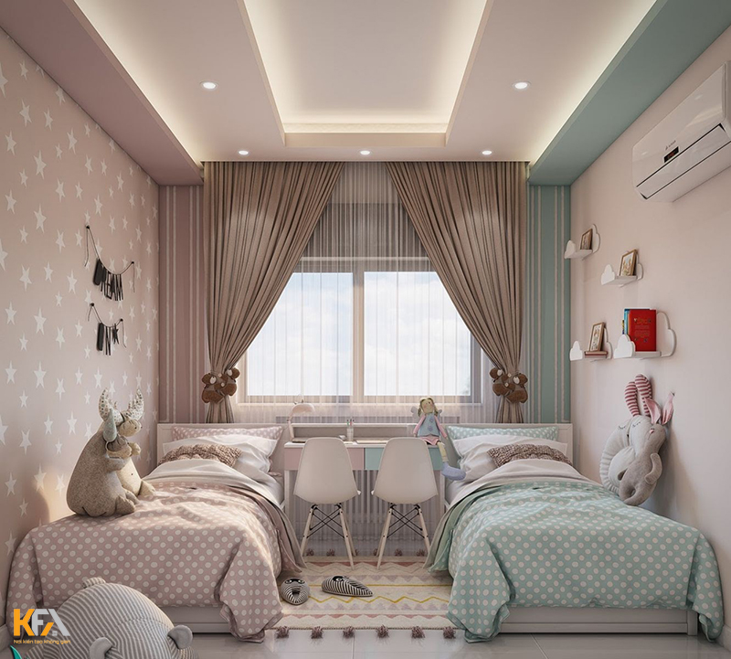  Mẫu thiết kế phòng ngủ chung cho bé trai và bé gái với cửa sổ lớn đón ánh sáng tự nhiên