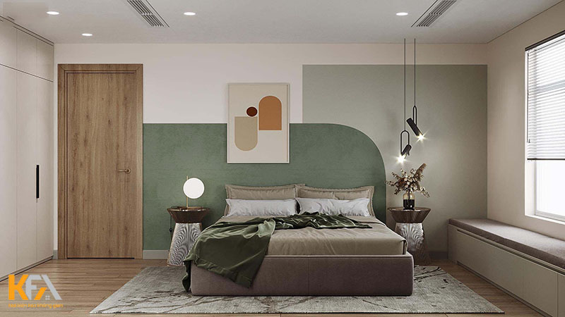 Phòng ngủ chung cư sử dụng màu xanh lá với các tone khác nhau