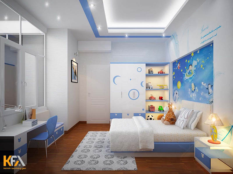 Phòng ngủ cho bé trai với tone trắng xanh biển