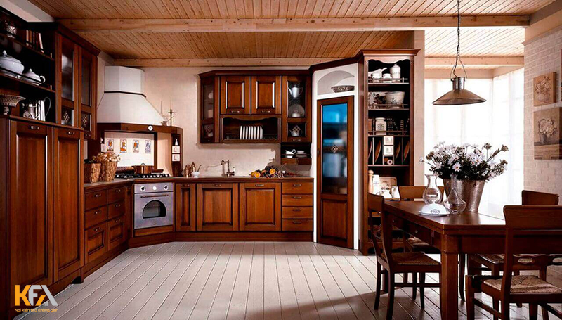 Mẫu thiết kế bếp nhà cấp 4 với tủ bếp gỗ tự nhiên 04