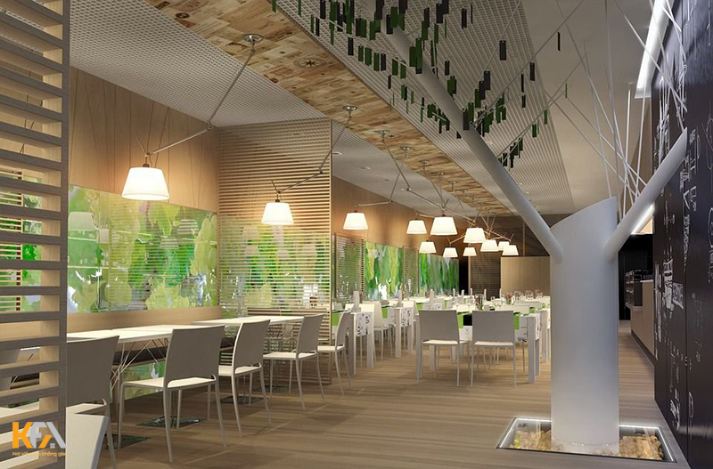 Mẫu thiết kế nhà hàng hiện đại với nội thất tone trắng