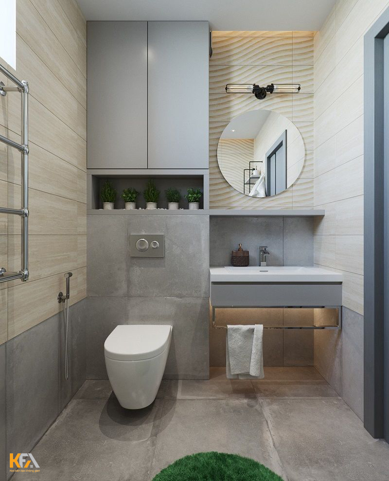 Mẫu thiết kế phòng tắm 4m2 với gạch ốp giả gỗ