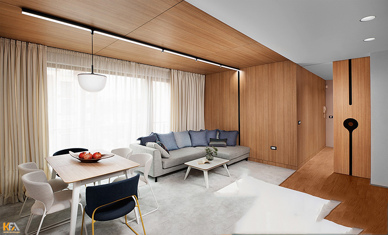 Trần nhà ốp gỗ thiết kế kiểu dáng hiện đại mang đến một không gian cuốn hút