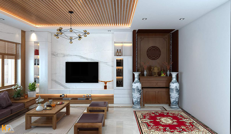 Thiết kế trần kết hợp ốp nan gỗ cho không gian căn phòng thêm nổi bật