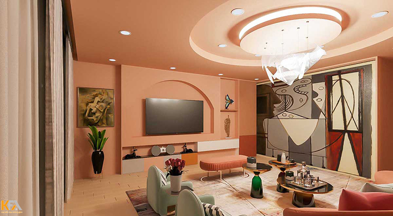 Mẫu thiết kế trần nhà với gam màu hồng cam nổi bật