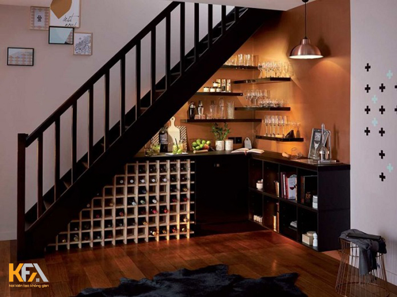 Mẫu 03: Tủ rượu mini âm tường gầm cầu thang phòng khách giúp tận dụng tối đa không gian căn nhà