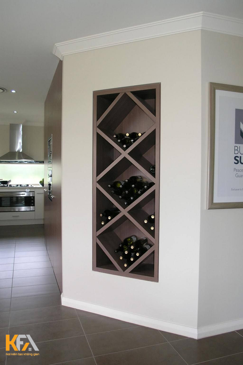 Mẫu 04: Tủ rượu mini âm tường phòng khách với ngăn đựng rượu hình thoi đơn giản phá cách tạo điểm nhấn trang trí cho bức tường 