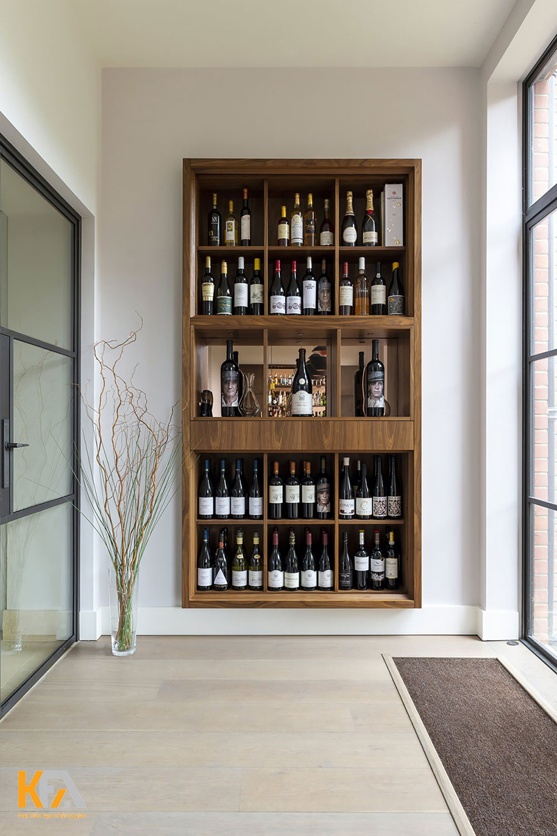 Mẫu 05: Tủ rượu mini âm tường phòng khách nhiều ngăn tận dụng tối đa không gian góc tường 