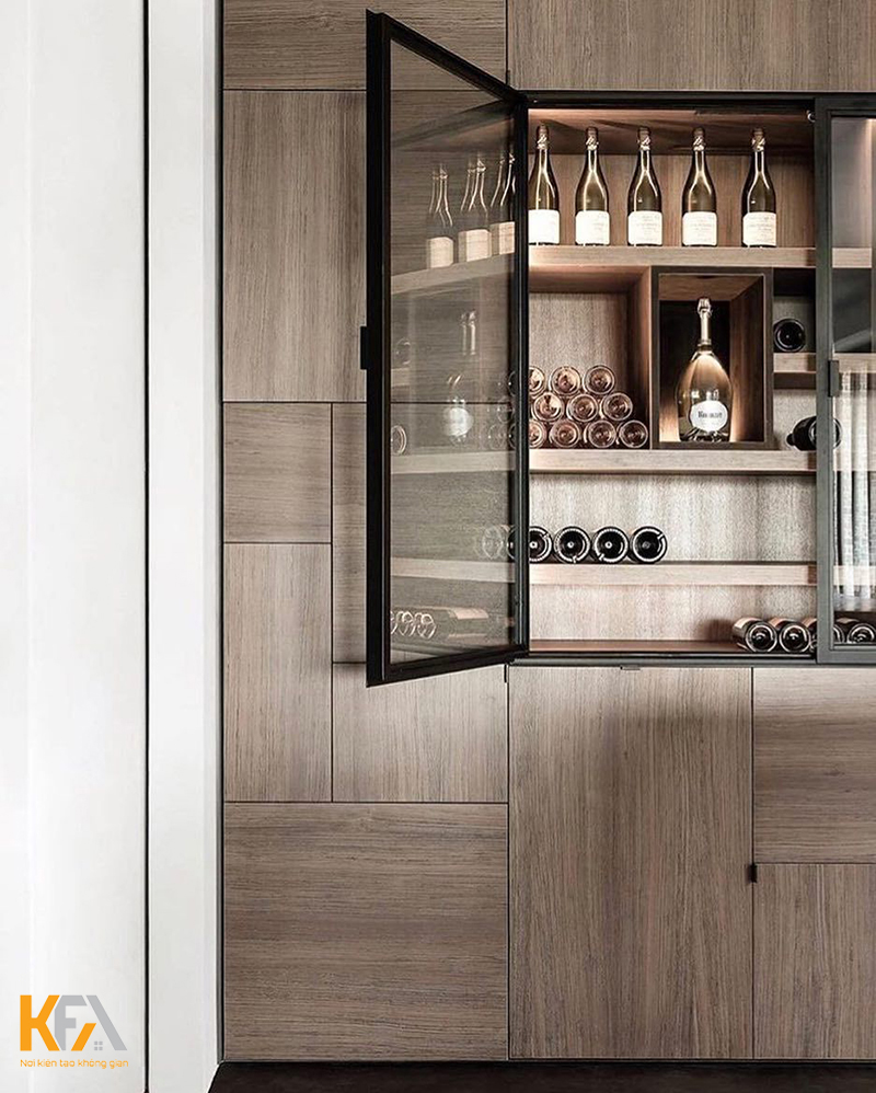 Mẫu 10: tủ rượu treo tường phòng khách nằm trong tủ gỗ đa năng