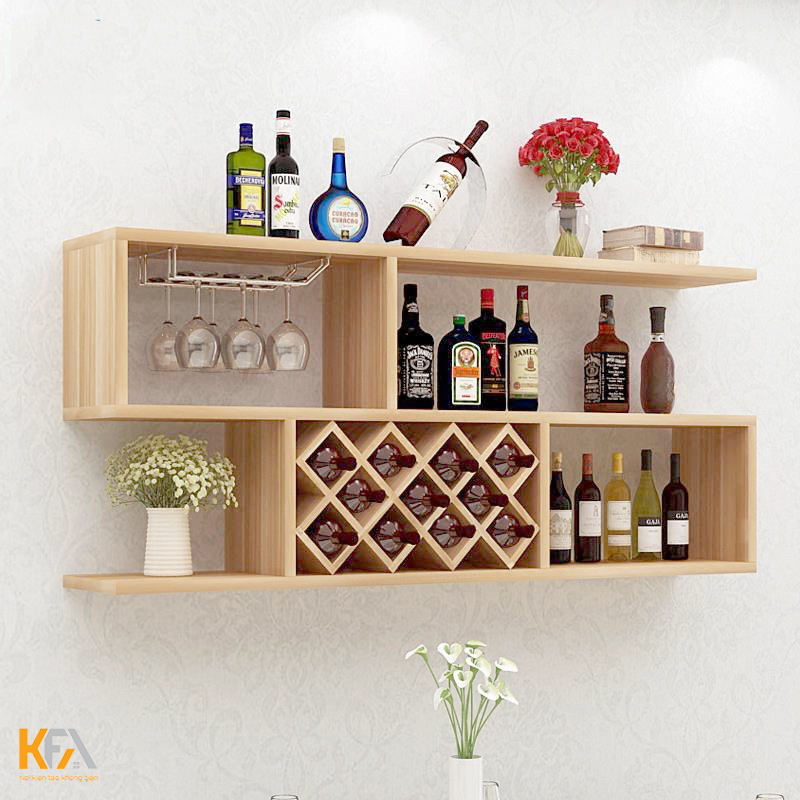 Mẫu 14: Tủ rượu treo tường hình chữ nhật nhiều ngăn kèm giá treo ly rượu