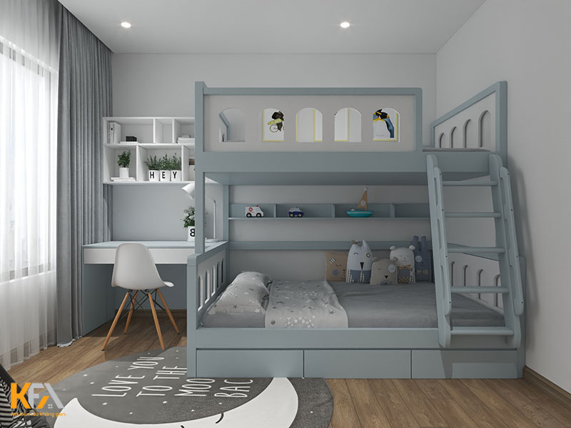 Phòng ngủ tiện nghi cho 2 bé trai với giường tầng có tone xanh pastel ấn tượng