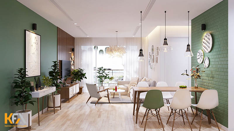 Tổng quan phòng khách và phòng ăn trong chung cư 70m2 thiết kế theo phong cách Bắc Âu