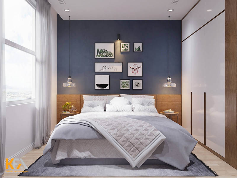 Phòng ngủ master ấm áp, tươi mới với tone xanh than nhạt làm chủ đạo