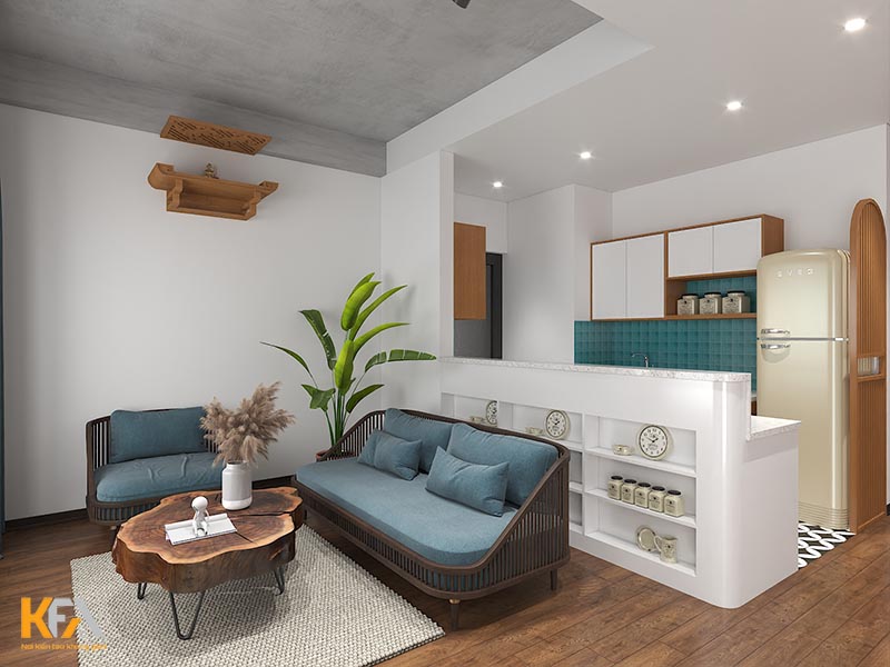 Thiết kế nội thất phòng khách trong không gian chung cư 70m2 theo phong cách Indochine