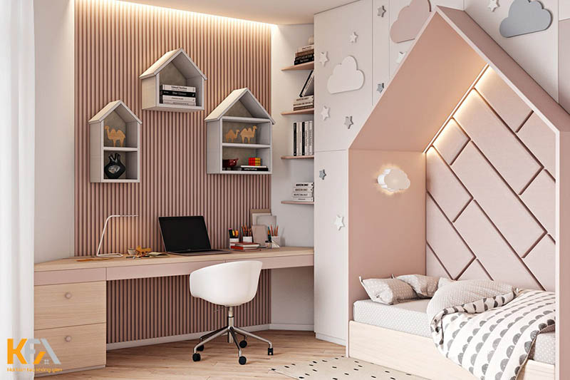 Thiết kế nội thất chung cư 70m2 với phòng ngủ cho con gái tiện nghi, xinh xắn