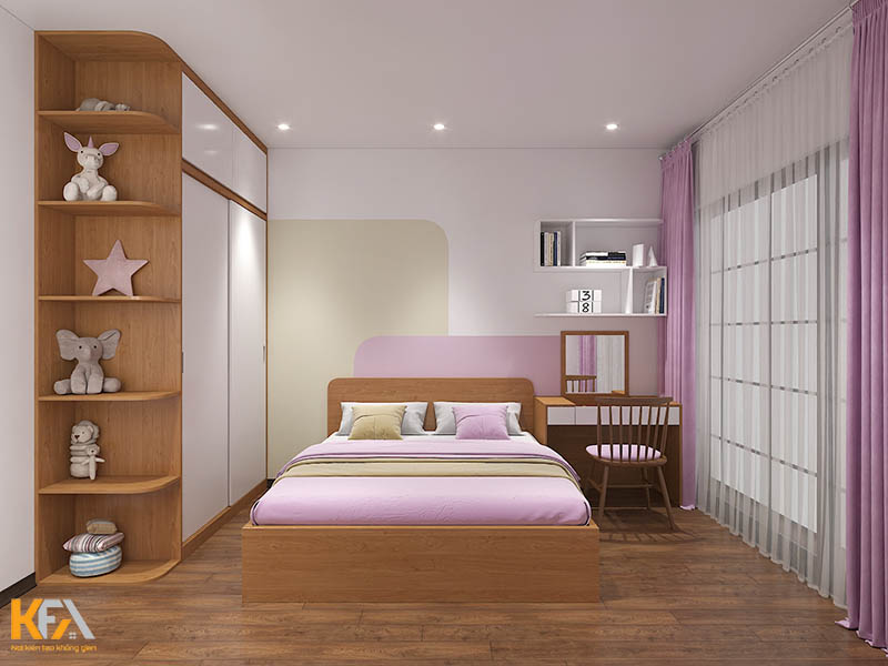Phòng ngủ của con gái ưu tiên sử dụng chất liệu gỗ, tạo sự ấm áp, dễ chịu
