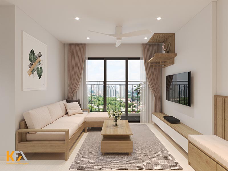 Tổng quan không gian phòng khách trong chung cư 70m2 thiết kế theo phong cách tối giản