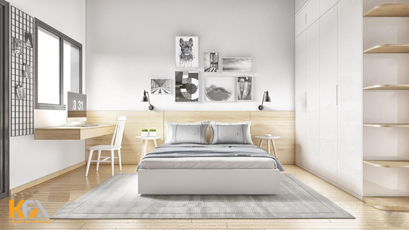 Nền tường trắng, giường, thảm và tủ quần áo màu xám tạo cho căn phòng sự hiện đại, mới mẻ và trẻ trung