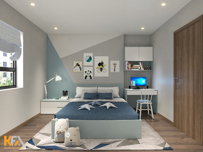 Phòng bé trai thiết kế nội thất đa năng, với tone xanh kem chủ đạo khỏe khoắn