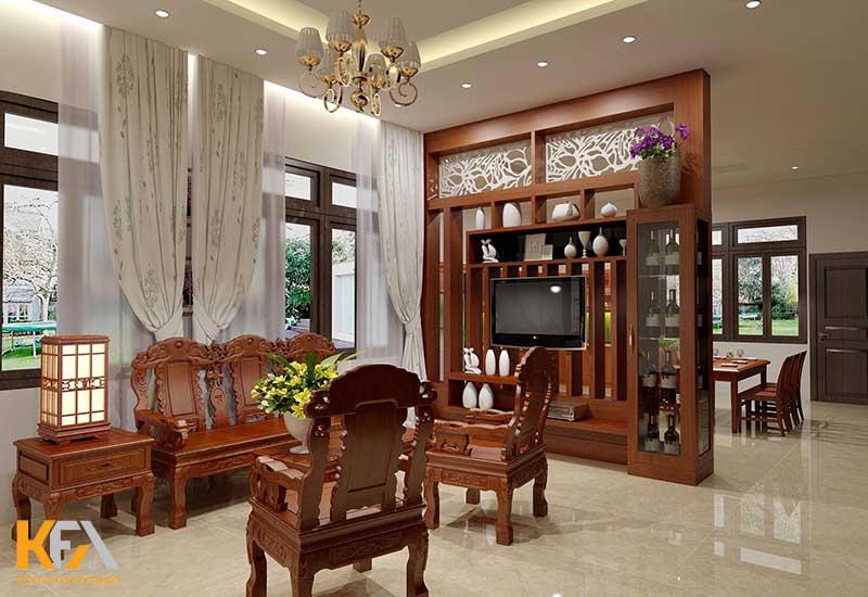 Thiết kế nội thất phòng khách chung cư với vách ngăn gỗ sang trọng, hòa hợp với phong cách tân cổ điển