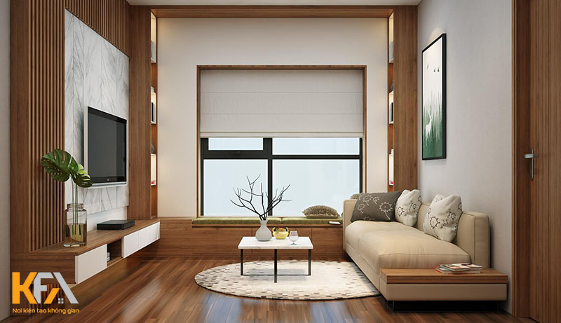 Phòng khách tối giản với tone nâu từ gỗ, vừa trầm ấm vừa rộng rãi