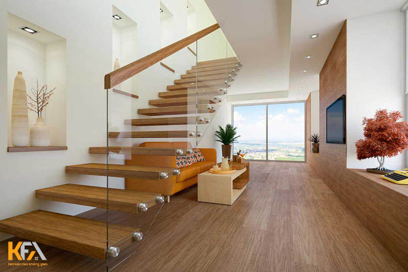 Cầu thang bậc gỗ kết hợp cùng lan can kính trong suốt trong nhà phố 4m