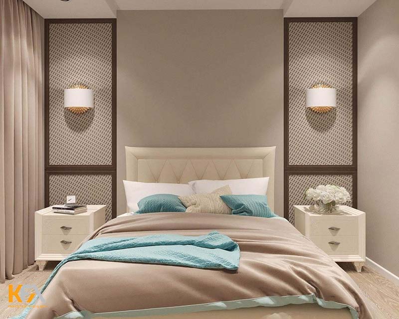 Tone hồng nhẹ nhàng cùng đèn trần gắn lửng tạo điểm nhấn cho phòng ngủ hiện đại