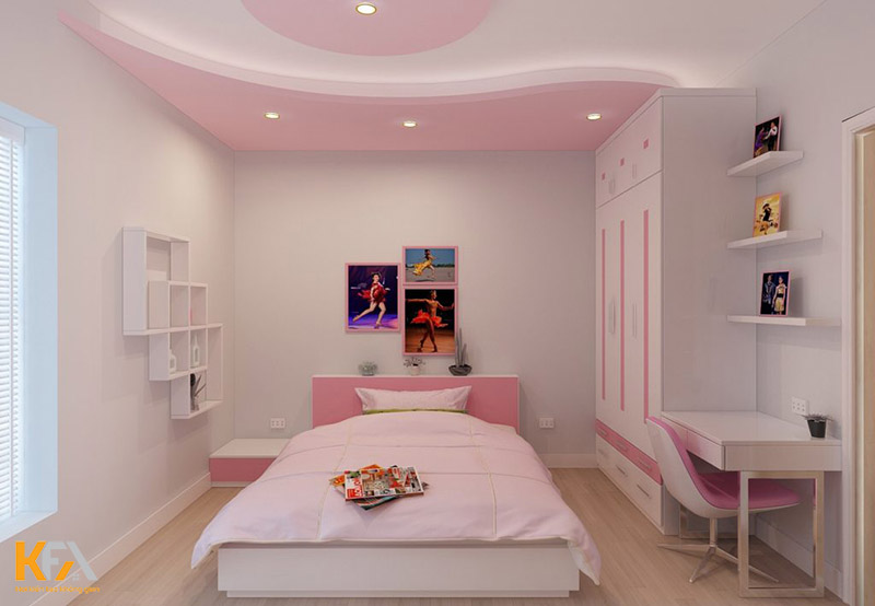 Phòng ngủ cho bé 8 tuổi với màu hồng pastel và thiết kế cách điệu ở trần nhà