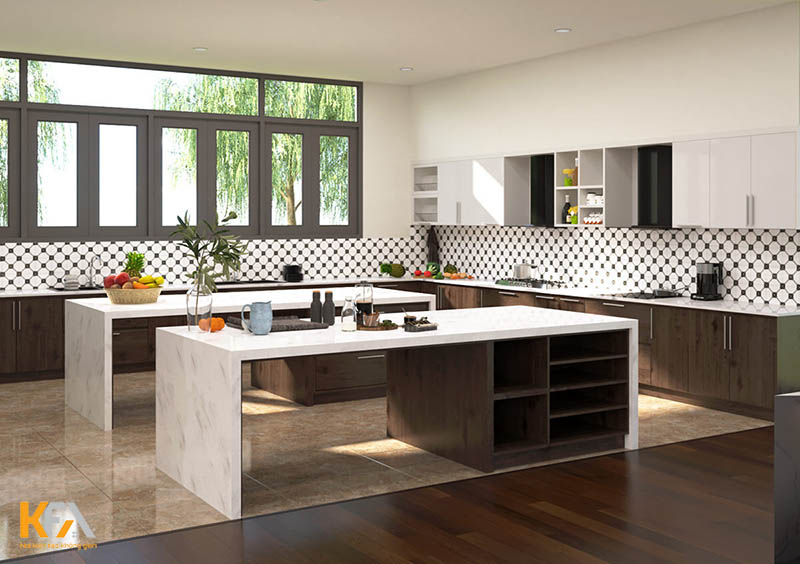 Phòng bếp biệt thự song lập ấn tượng với nội thất hiện đại, đảo bàn đa năng