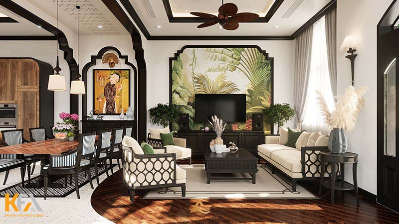 Thiết kế nội thất phòng khách biệt thự song lập theo phong cách Indochine