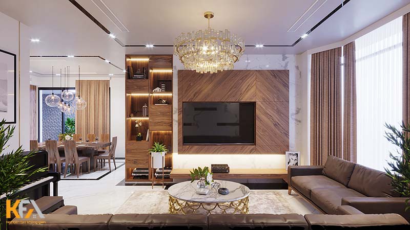 Thiết kế nội thất biệt thự song lập với phòng khách kết hợp gỗ tự nhiên cao cấp và đá hoa cương lấp lánh
