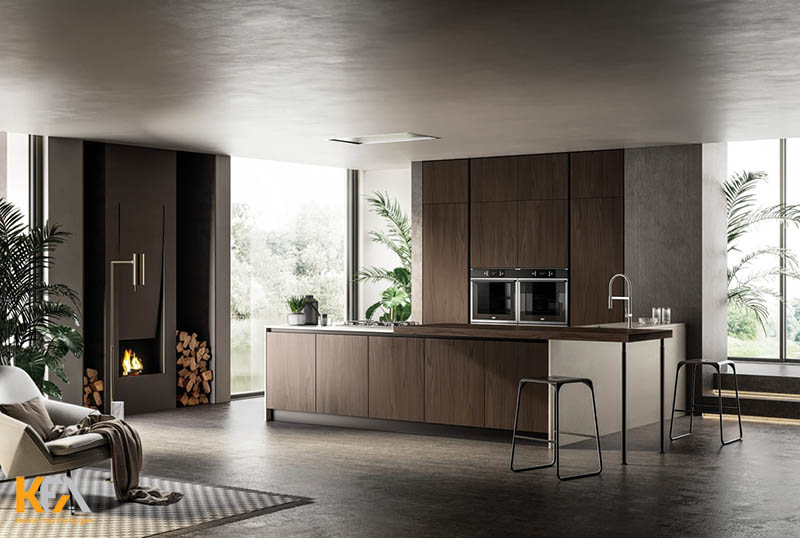 Phòng bếp tối giản, đầy đủ tiện năng và sang trọng với chất liệu gỗ cao cấp