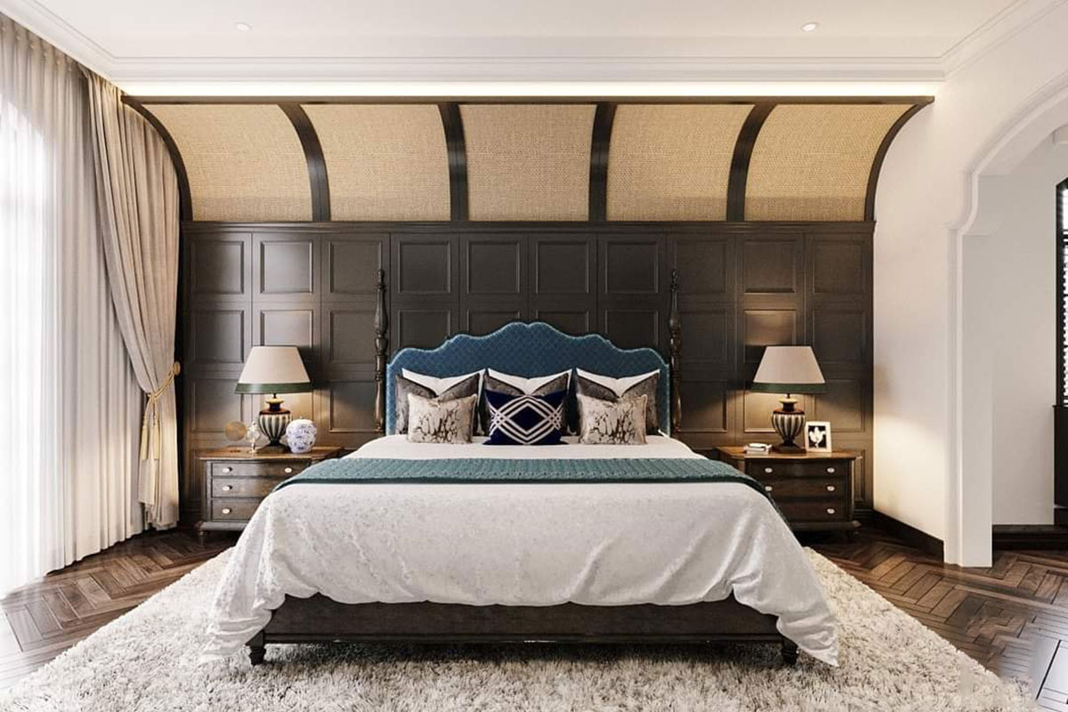 Phòng ngủ master ấn tượng với trần nhà cách điệu
