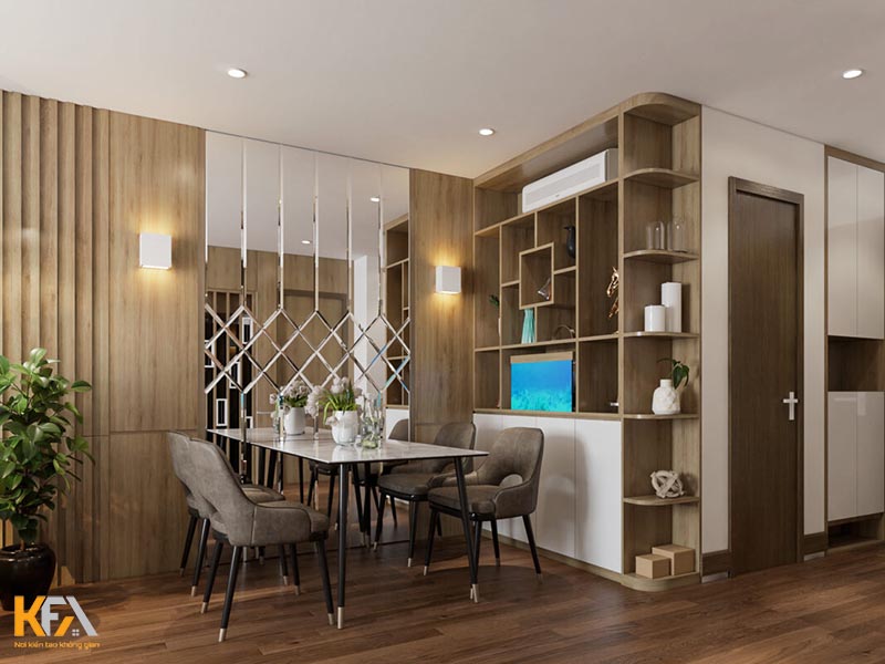 Thiết kế nội thất căn hộ 56m2 2 phòng ngủ với bộ bàn ăn liên thông phòng khách