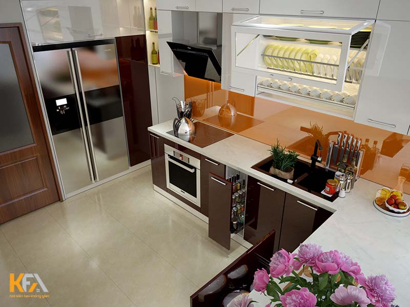 Phòng bếp chung cư đầy đủ tiện nghi với tủ bếp chữ L