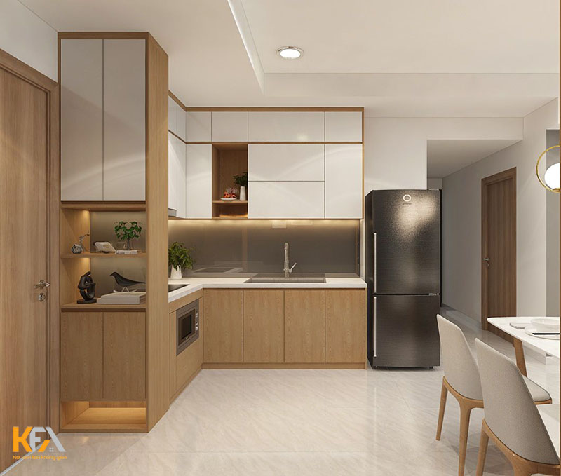 Phòng bếp thiết kế đơn giản với tủ bếp chữ L