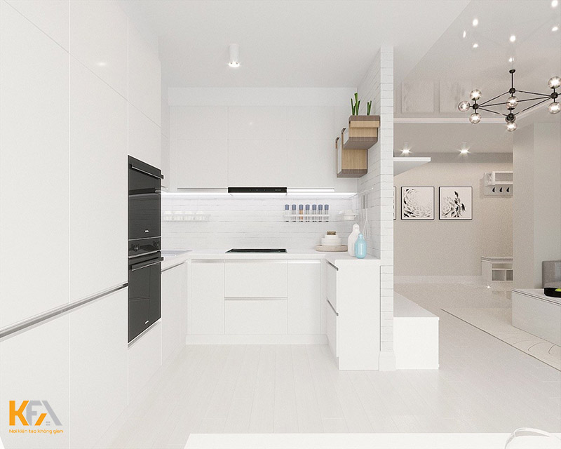 Thiết kế phòng bếp chung cư tối giản với tone trắng thư giãn