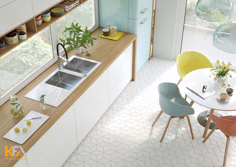 Thiết kế phòng bếp chung cư mini với tủ bếp chữ I tiết kiệm diện tích