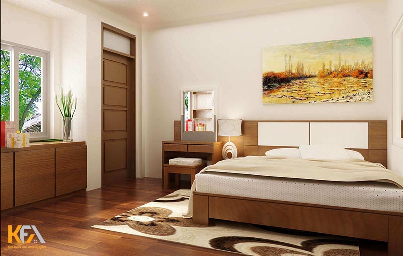 Thiết kế phòng ngủ hình chữ nhật 4x6m nội thất gỗ ấm áp