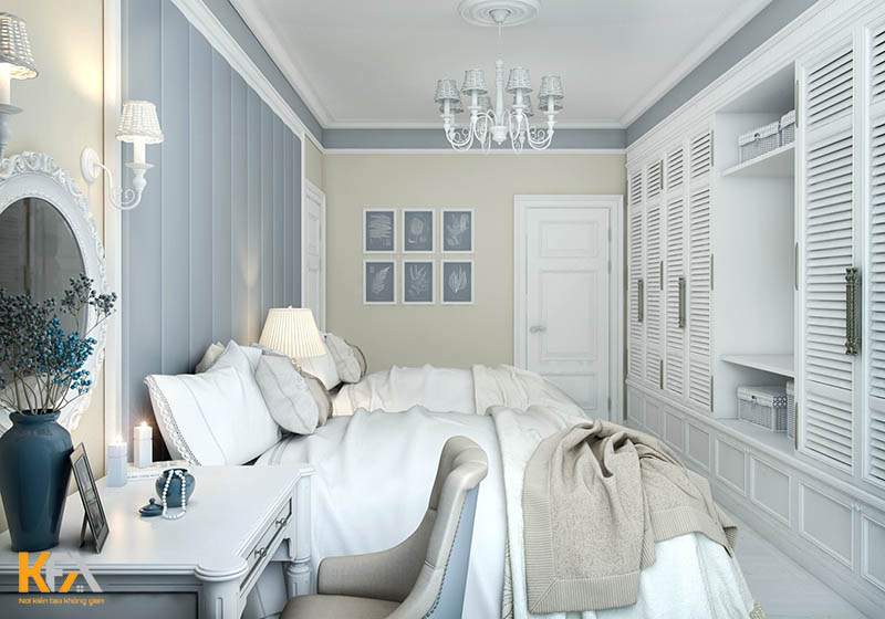 Thiết kế phòng ngủ hình chữ nhật với tone trắng xanh nhẹ nhàng, dịu mắt