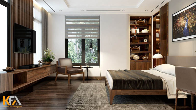 Thiết kế phòng ngủ hình chữ nhật 30m2 với nội thất gỗ cao cấp