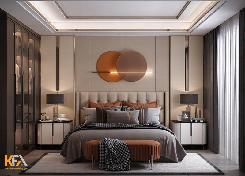 Phối hợp màu sắc hài hòa, đủ màu nền, màu chủ đạo và màu nhấn trong phòng ngủ master