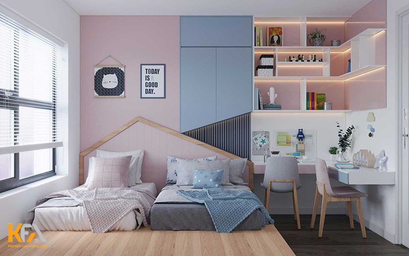 Chia hai không gian thiết kế trong một phòng ngủ nhưng không tương phản mà hài hòa trong màu sắc